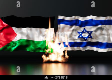 Palästinensische und israelische Flaggen Seite an Seite mit Flammen, die zwischen ihnen aufsteigen, symbolisieren anhaltende Konflikte und Spannungen. Thema der Teilung, Krise und der Stockfoto