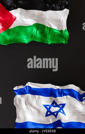 Israelische und palästinensische Fahnen auf dunklem Hintergrund. Komplexe Beziehung, die Themen der diplomatischen Einheit der kulturellen Identität betont. Situation zwischen Stockfoto