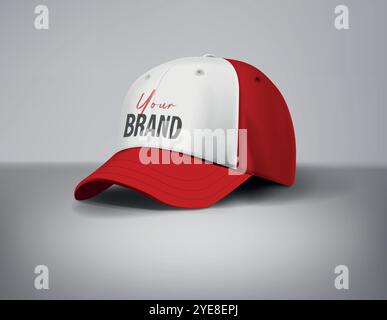 Rote Baseballmützen mit Logo auf grauem Hintergrund, Vorderseite. Für Branding und Werbung. Stock Vektor
