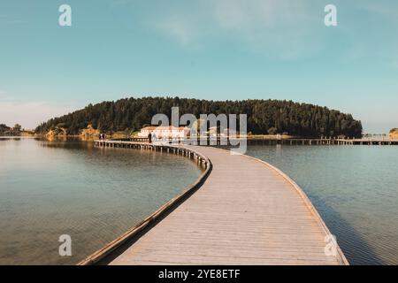 Das Marienkloster auf der Insel Zvernec in Albanien. Auch bekannt als Kloster der Dormition von Theotokos Maria. Es hat große kulturelle und relig Stockfoto