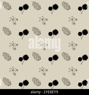 Kuscheliges, nahtloses Blumenmuster mit Tannenzapfen und Blumen. Stock Vektor