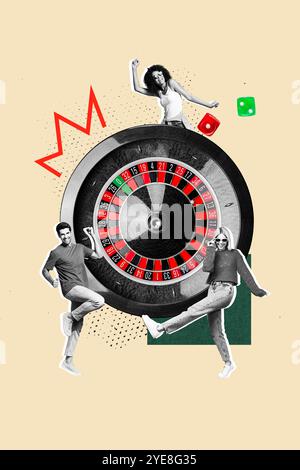 Composite Trend Artwork 3D Skizze Bild Foto Collage von Casino Glücksspiel Spiel Roulette online Ego junge Dame Mann Tanz feiern reich Stockfoto