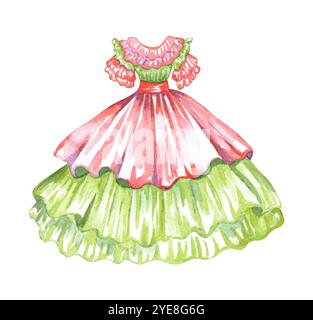 Mexikanische lange traditionelle Kleidung isoliert. Aquarellkleid aus Tabasco, verzierter roter Gürtel. Stockfoto