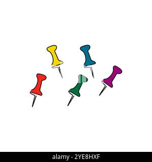 Satz mehrfarbiger Steckstifte. Strichgrafik. Sammlung verschiedener Daumentaster. Vektorabbildung. Stock Vektor