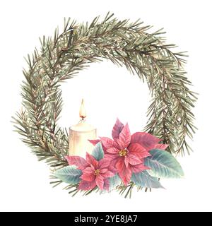 Weihnachtsfichtenzweige immergrüner Adventskranz mit roten Weihnachtsstern und brennender weißer Kerze. Aquarellfarben handgezeichneter Kreis Stockfoto