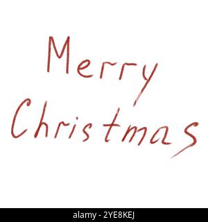 Aquarell mit „Merry Christmas“-Schriftzug. Handgezeichnete rote Buchstaben auf isoliertem weißem Hintergrund. Clip-Art mit festlicher Schrift. Ideal für Weihnachtskarten. Stockfoto