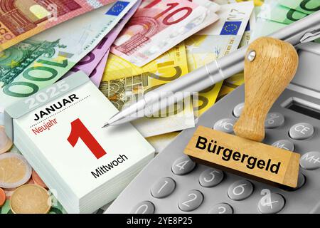 Deutscher Kalender 2025 Januar 1 Euro und Kalkulator Neujahr Mittwoch Grundeinkommenssystem Buergergeld Stockfoto