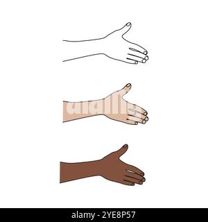 Handgeste mit ausgestreckter Handfläche vor dem Handschlag. Einzeilige Art. Pose und Gesten. Handgezeichnete Vektorgrafik. Stock Vektor