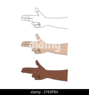 Hand macht das Waffenzeichen mit zwei gestreckten Fingern. Handsprache. Einzeilige Art. Pose und Gesten. Handgezeichnete Vektorgrafik. Stock Vektor