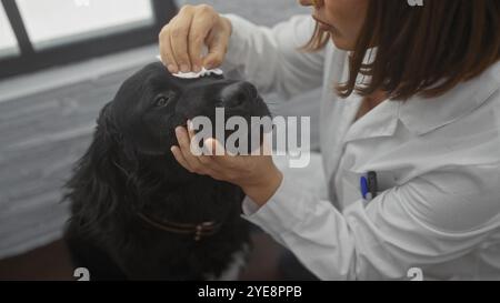 Eine junge Frau putzt ein schwarzes labrador Retriever-Auge in einer Tierklinik und zeigt eine fürsorgliche Interaktion zwischen dem Haustier und dem hispanic ve Stockfoto