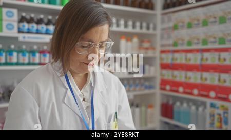 Eine Apothekerin mittleren Alters in einem weißen Mantel untersucht Produkte in einer Apotheke mit Medikamentenregalen im Hintergrund Stockfoto