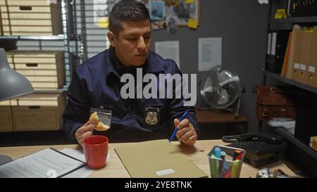 Hispanischer Detective in Uniform analysiert Dokumente und macht Notizen in einem Polizeirevier, während er einen Snack isst. Stockfoto