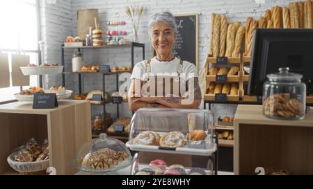 Eine ältere Frau mit grauem Haar und Tattoos steht mit überkreuzten Armen in einer Bäckerei voller Gebäck und Brot und lächelt selbstbewusst in einer Inneneinrichtung Stockfoto