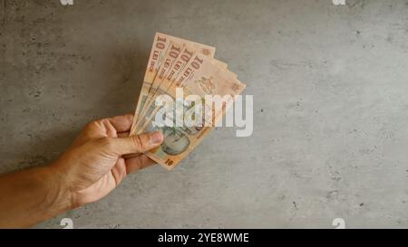 Hand mit mehreren 10 rumänischen lei-Banknoten vor grauem Betonhintergrund, die rumänische Währung zeigen. Stockfoto