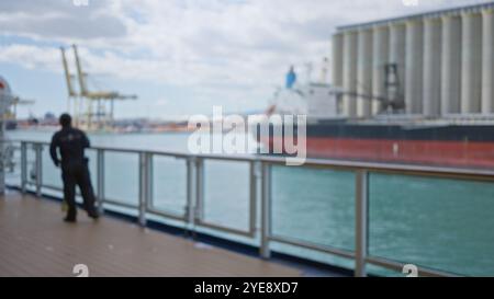 Mann, der Frachtschiff im Hafen mit verschwommenem Hintergrund betrachtet, der die Landschaft der Industrieschifffahrt an einem sonnigen Tag mit defokussierten Elementen zeigt. Stockfoto