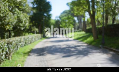 Verschwommener Blick auf Menschen, die in den Gärten der Villa borghese spazieren gehen, umgeben von üppigem Grün in rom, mit weichem Bokeh, das eine ruhige Atmosphäre im Freien schafft. Stockfoto