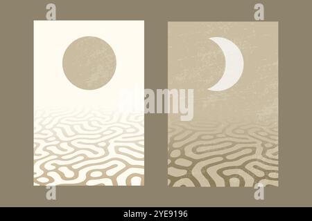 Abstraktes minimalistisches Wandbild-Diptychon. Minimalistisch Tag und Nacht, Sonne und Mond Poster. Pastellfarbene geometrische Formen, Kreismuster. Stock Vektor