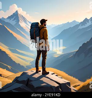 Solo Mountain Wker Cartoon Adventure Rucksacktour Scenic Landscape Nature Tourism Travel Illustration. Lebendige Zeichentrickabbildung Stockfoto