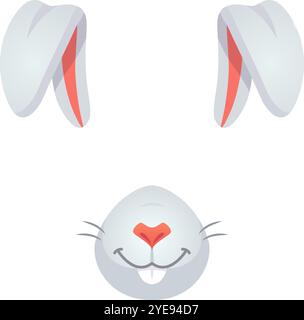 Entzückendes Karikaturhase Gesicht für ostern und Kinder Designs, mit großem Lächeln, langen Ohren, rosa Nase, isoliert auf weißem Hintergrund. Fröhliches Maskottchen fügt hinzu Stock Vektor
