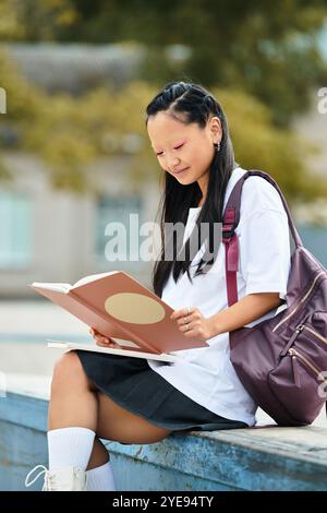 Ein hübsches junges asiatisches Mädchen sitzt im Freien und liest ein Buch, während es ihren einzigartigen Stil zeigt. Stockfoto