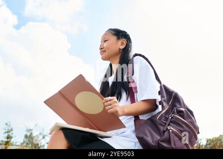 Eine hübsche junge asiatische Studentin sitzt draußen, in ihr Buch eingetaucht und genießt einen friedlichen sonnigen Tag. Stockfoto