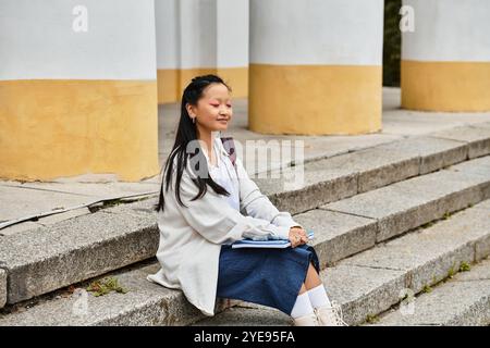 Eine junge asiatische Studentin entspannt sich auf den Stufen des Campus und setzt sich in ihrem stilvollen Outfit für Vielfalt und Jugendkultur ein. Stockfoto