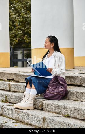 Eine junge asiatische Studentin sitzt auf den Stufen der Universität, studiert ihre Notizen und zeigt moderne Jugendmode und -Kultur. Stockfoto