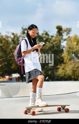 Eine junge Studentin in einem stylischen Outfit steht auf ihrem Skateboard und konzentriert sich darauf, ihren Freunden SMS zu schreiben. Stockfoto