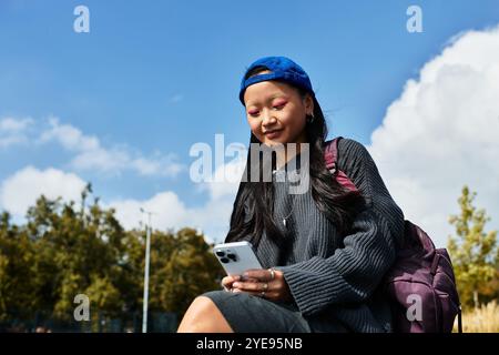 Die junge Schülerin entspannt sich unter sonnigem Himmel, in einem modischen Outfit gekleidet und in ihr Smartphone vertieft. Stockfoto