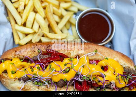 Ein philly Cheesesteak Sandwich mit Pommes frites und Tomatenketchup Stockfoto