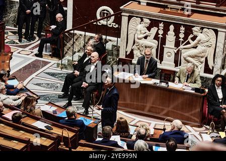 Paris, Frankreich. Oktober 2024. Antonin Burat/Le Pictorium - Sitzung der Anfragen an die Regierung vom 29. Oktober 2024 in der französischen Nationalversammlung - 29. Oktober 10/2024 - Frankreich/Paris - La France insoumise - Abgeordneter Berenger Cernon spricht während der Sitzung der Anfragen an die Regierung vom 29. Oktober 2024 in der französischen Nationalversammlung. Quelle: LE PICTORIUM/Alamy Live News Stockfoto