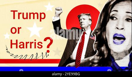 Porträt von Donald Trump und Kamala Harris. Illustrative Fotocollage mit Halbtoneffekt. Collage illustrative Fotografie für die United Stat 2024 Stockfoto