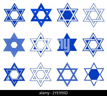 Set aus verschiedenen blauen Star of David Illustrationen isoliert auf weiß Stockfoto