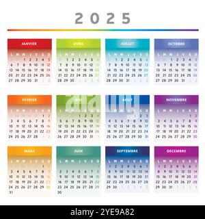2025 Kalender mit Feldern in Regenbogenfarben 4 Spalten - Englisch Stock Vektor