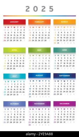 2025 Kalender mit Feldern in Regenbogenfarben 4 Spalten - Englisch Stock Vektor