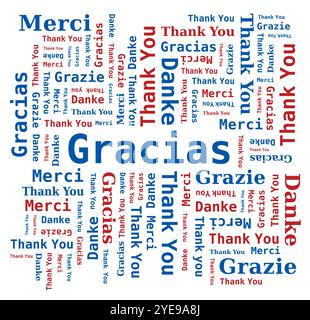 Vielen Dank Word Cloud in verschiedenen Sprachen - 5 Sprachen, Englisch, Französisch, Deutsch, Spanisch und Italienisch - Vector Stock Vektor