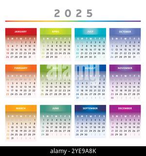 2025 Kalender mit Feldern in Regenbogenfarben 4 Spalten - Englisch Stock Vektor