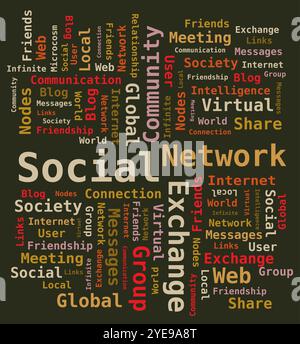 Word Cloud Tag Social Network, Internet, Community Digital Illustration auf dunklem Hintergrund Stock Vektor