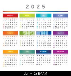 2025 Kalender mit Feldern in Regenbogenfarben 4 Spalten - Englisch Stock Vektor