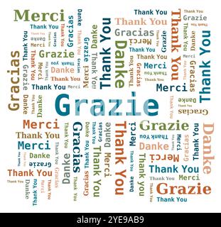 Vielen Dank Word Cloud in verschiedenen Sprachen - 5 Sprachen, Englisch, Französisch, Deutsch, Spanisch und Italienisch - Vector Stock Vektor