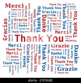 Vielen Dank Word Cloud in verschiedenen Sprachen - 5 Sprachen, Englisch, Französisch, Deutsch, Spanisch und Italienisch - Vector Stock Vektor