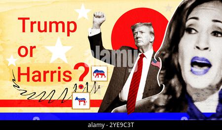 Porträt von Donald Trump und Kamala Harris. Illustrative Fotocollage mit Halbtoneffekt. Collage illustrative Fotografie für die United Stat 2024 Stockfoto