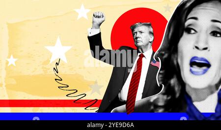 Porträt von Donald Trump und Kamala Harris. Illustrative Fotocollage mit Halbtoneffekt. Collage illustrative Fotografie für die United Stat 2024 Stockfoto