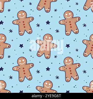Lebkuchenmänner, nahtloses Schneeflocken-Muster. Weihnachtshintergrund. Festliches gebackenes, flaches Design, Doodle-Stil. Stock Vektor