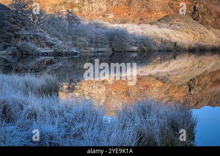 Am frühen Morgen Licht auf Llyn Dinas im Winter, in der Nähe von Bedgellert, Snowdonia National Park, Eryri, Nordwales, UK Stockfoto