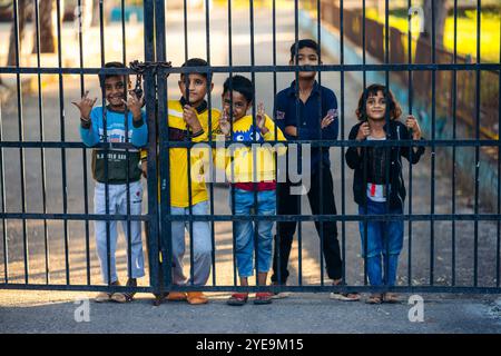 Kinder stehen durch einen Metallzaun und posieren für die Kamera: Jammu, Jammu und Kaschmir, Indien Stockfoto