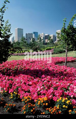 Farbenfrohe Gärten und die Skyline der Innenstadt von Edmonton, Kanada; Edmonton, Alberta, Kanada Stockfoto