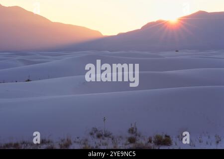 Sonnenaufgangslicht über dem weißen Sand des White Sands National Park in New Mexico, USA; New Mexico, Vereinigte Staaten von Amerika Stockfoto