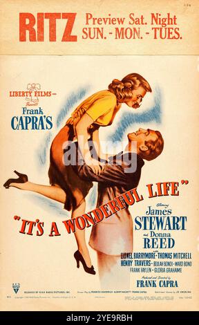 Frank Capras IT's a wonderful Life, James Stewart, Donna Reed, Lionel Barrymore (RKO, 1946) Ritz Window Card. Stockfoto