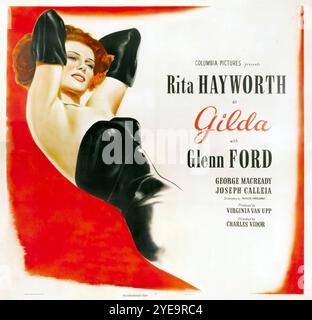 Altes Filmplakat für den Film Gilda aus dem Jahr 1946 mit Rita Hayworth, Glenn Ford, George MacReady und Josep Calleia. Stockfoto